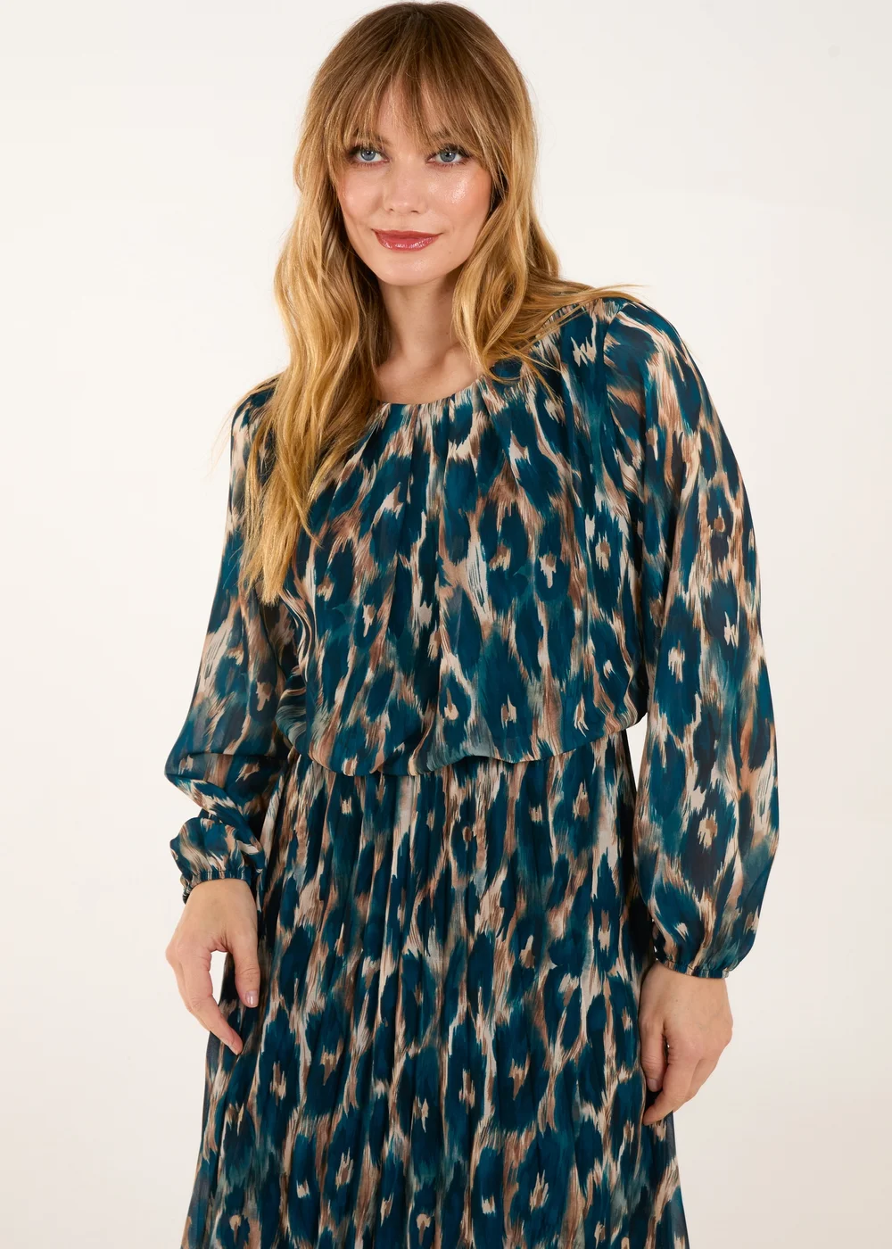 Blue Vanilla Teal Round Neck Pleated Abstract Leopard Dress - M/L Image 3