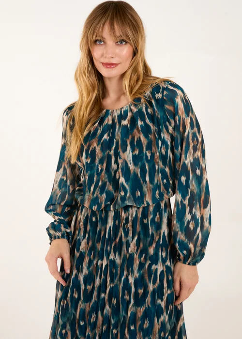 Blue Vanilla Teal Round Neck Pleated Abstract Leopard Dress - M/L Image 3