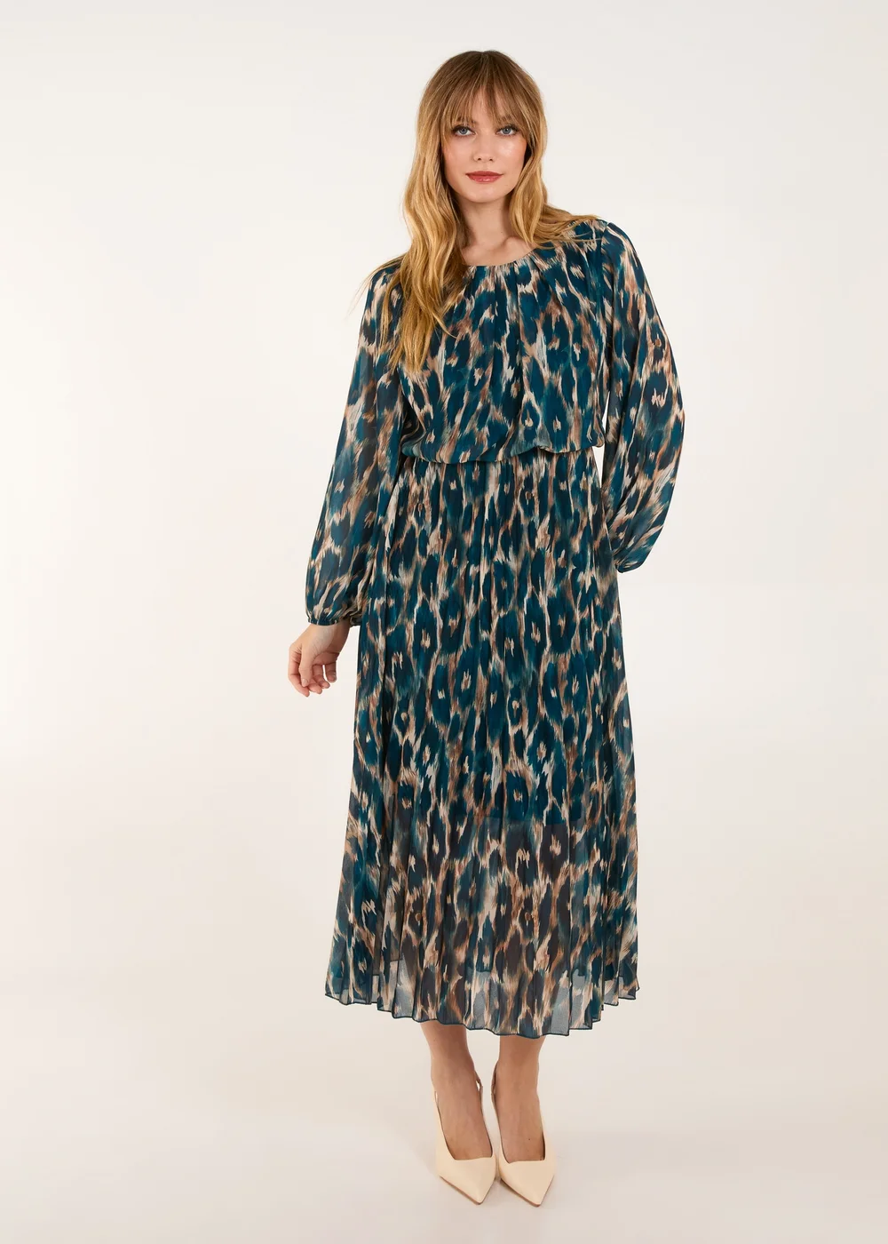 Blue Vanilla Teal Round Neck Pleated Abstract Leopard Dress - M/L Image 1