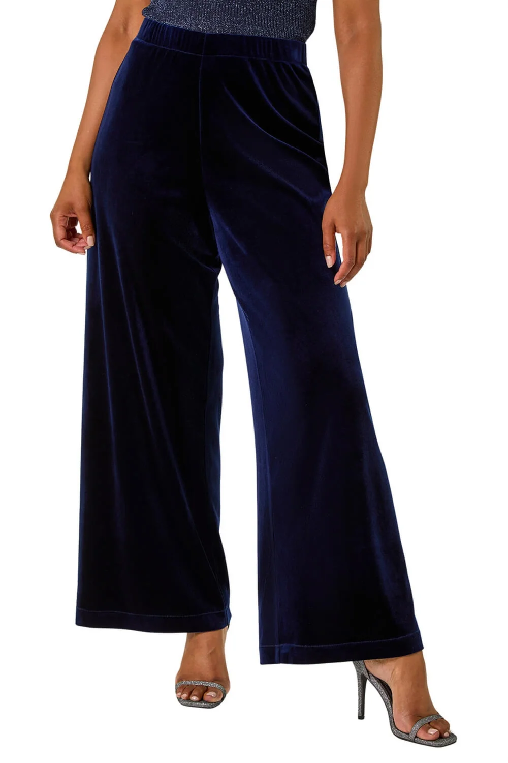 Roman Midnight Blue Petite Wide Leg Velvet Stretch Trouser - 16 Image 1