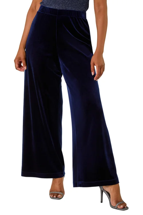 Roman Midnight Blue Petite Wide Leg Velvet Stretch Trouser - 16 Image 1