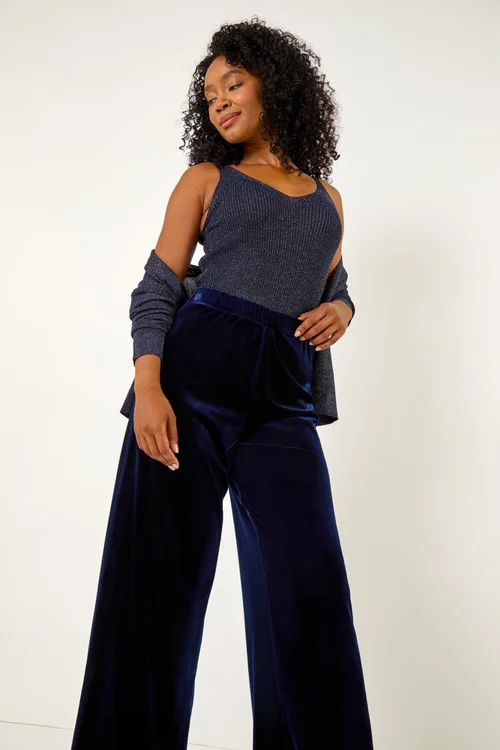 Roman Midnight Blue Petite Wide Leg Velvet Stretch Trouser - 16 Image 3