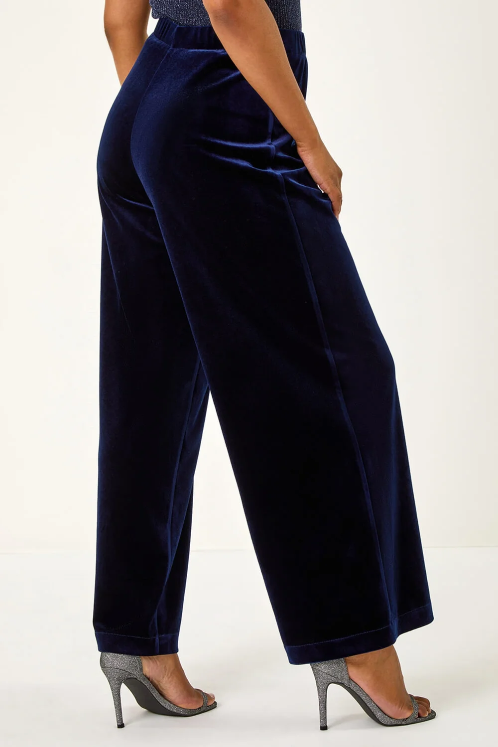 Roman Midnight Blue Petite Wide Leg Velvet Stretch Trouser - 16 Image 4