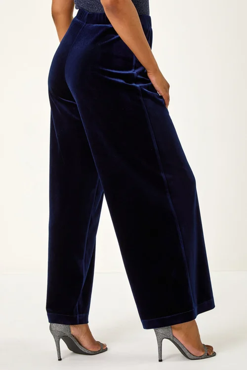 Roman Midnight Blue Petite Wide Leg Velvet Stretch Trouser - 16 Image 4