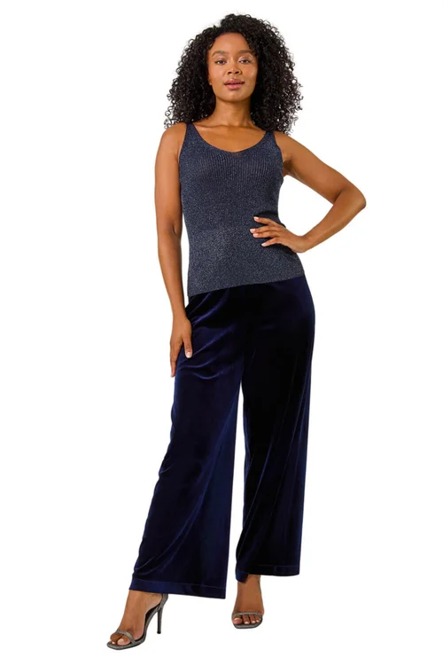 Roman Midnight Blue Petite Wide Leg Velvet Stretch Trouser - 16 Image 2
