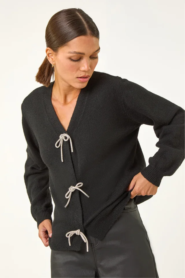 Roman Black Bow Embellished Knit Cardigan