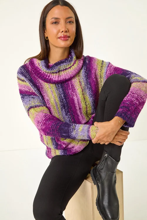 Roman Pale Green Boucle Stripe Cowl Neck Jumper - Size 16 Image 2