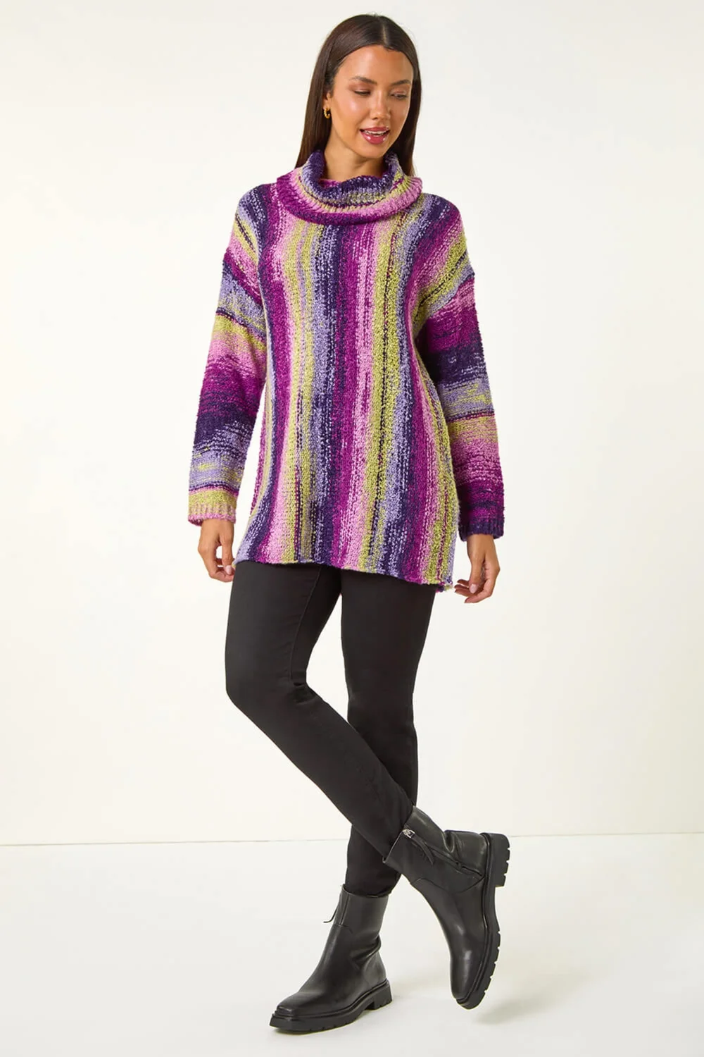 Roman Pale Green Boucle Stripe Cowl Neck Jumper - Size 16 Image 3