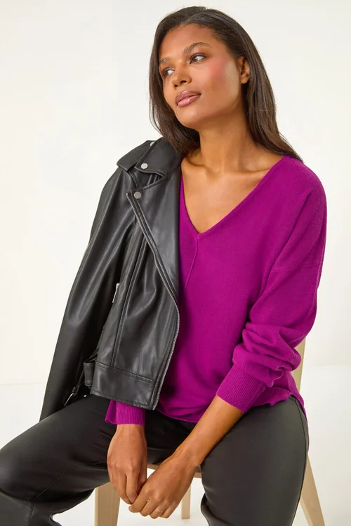 Roman Plum Soft V-Neck Side Split Knit Sweater - 16 Image 2