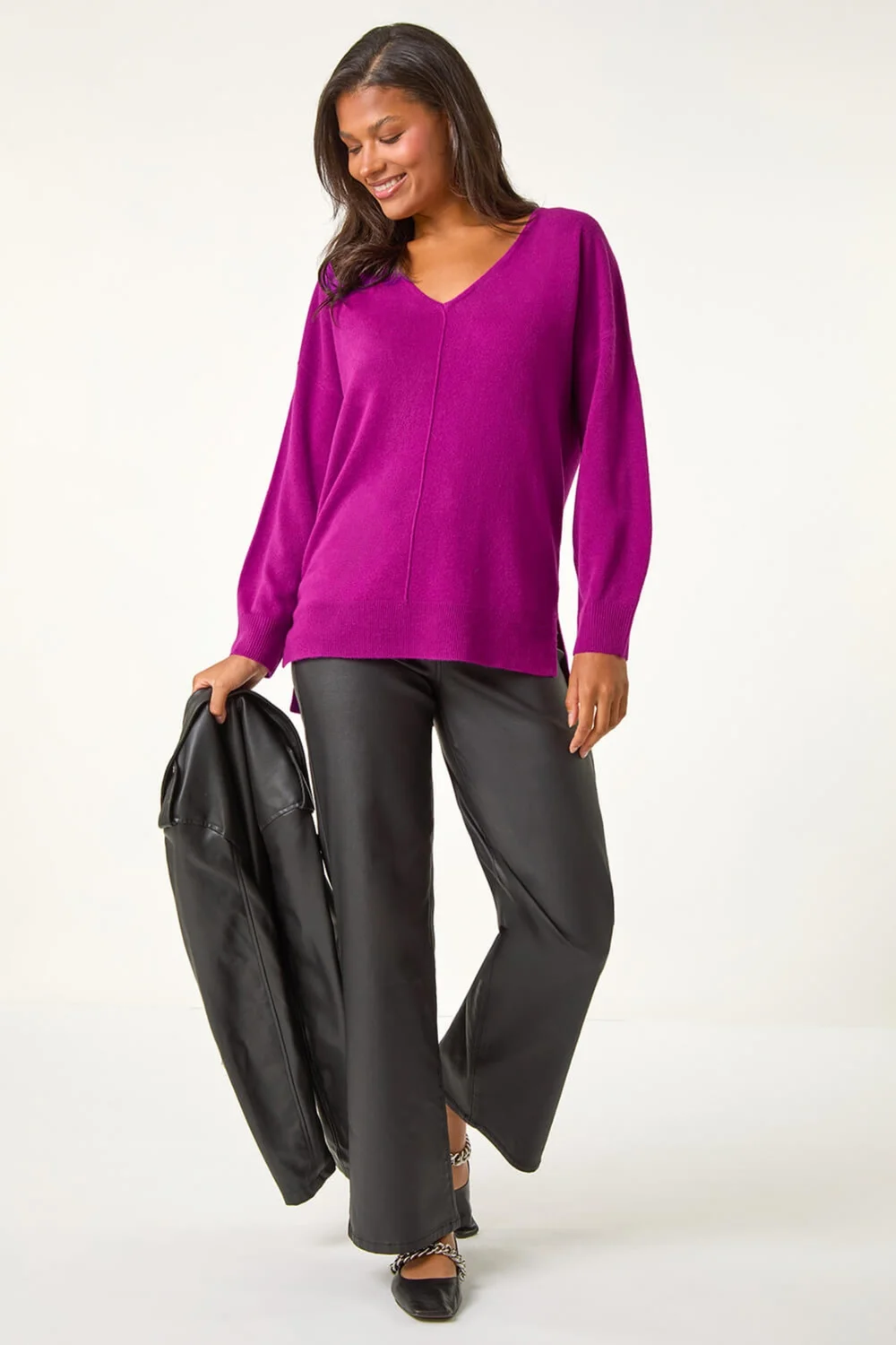 Roman Plum Soft V-Neck Side Split Knit Sweater - 16 Image 3