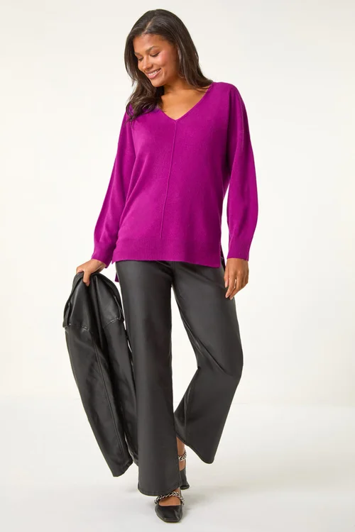 Roman Plum Soft V-Neck Side Split Knit Sweater - 16 Image 3