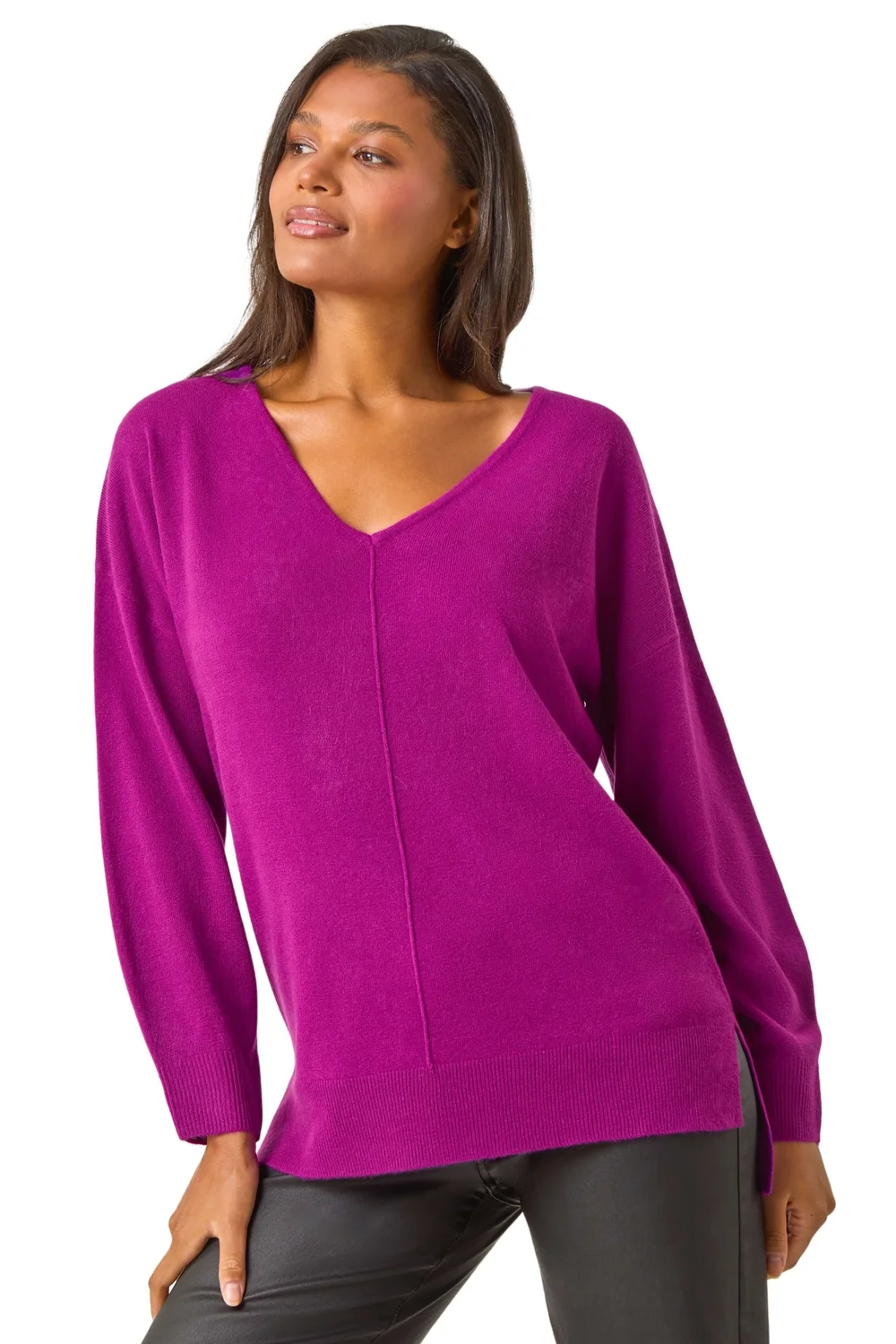 Roman Plum Soft V-Neck Side Split Knit Sweater - 16 Image 1