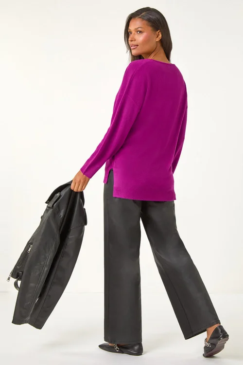 Roman Plum Soft V-Neck Side Split Knit Sweater - 16 Image 4