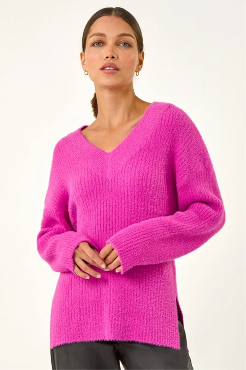Roman Magenta V-Neck Fluffy Knit Jumper - 16 Image 4