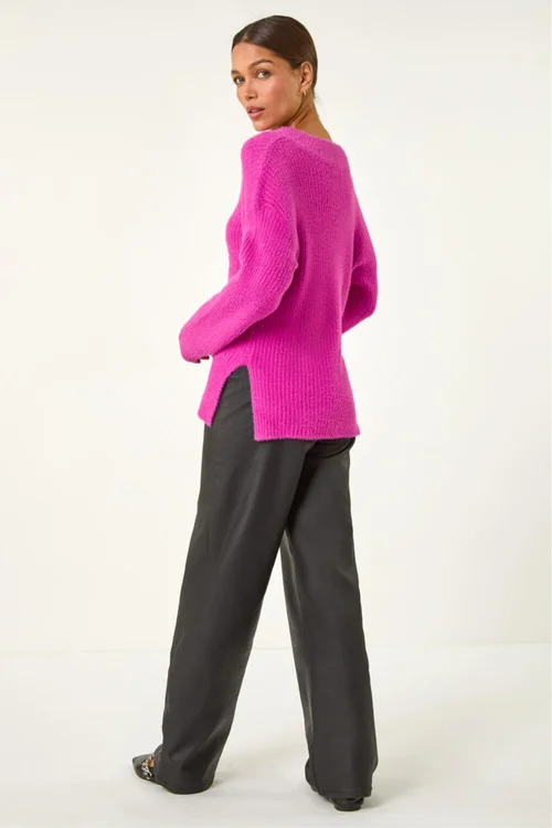 Roman Magenta V-Neck Fluffy Knit Jumper - 16 Image 3
