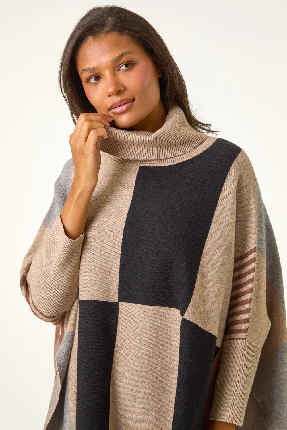Roman Camel Check Colour Block Knit Poncho - One Size Image 4
