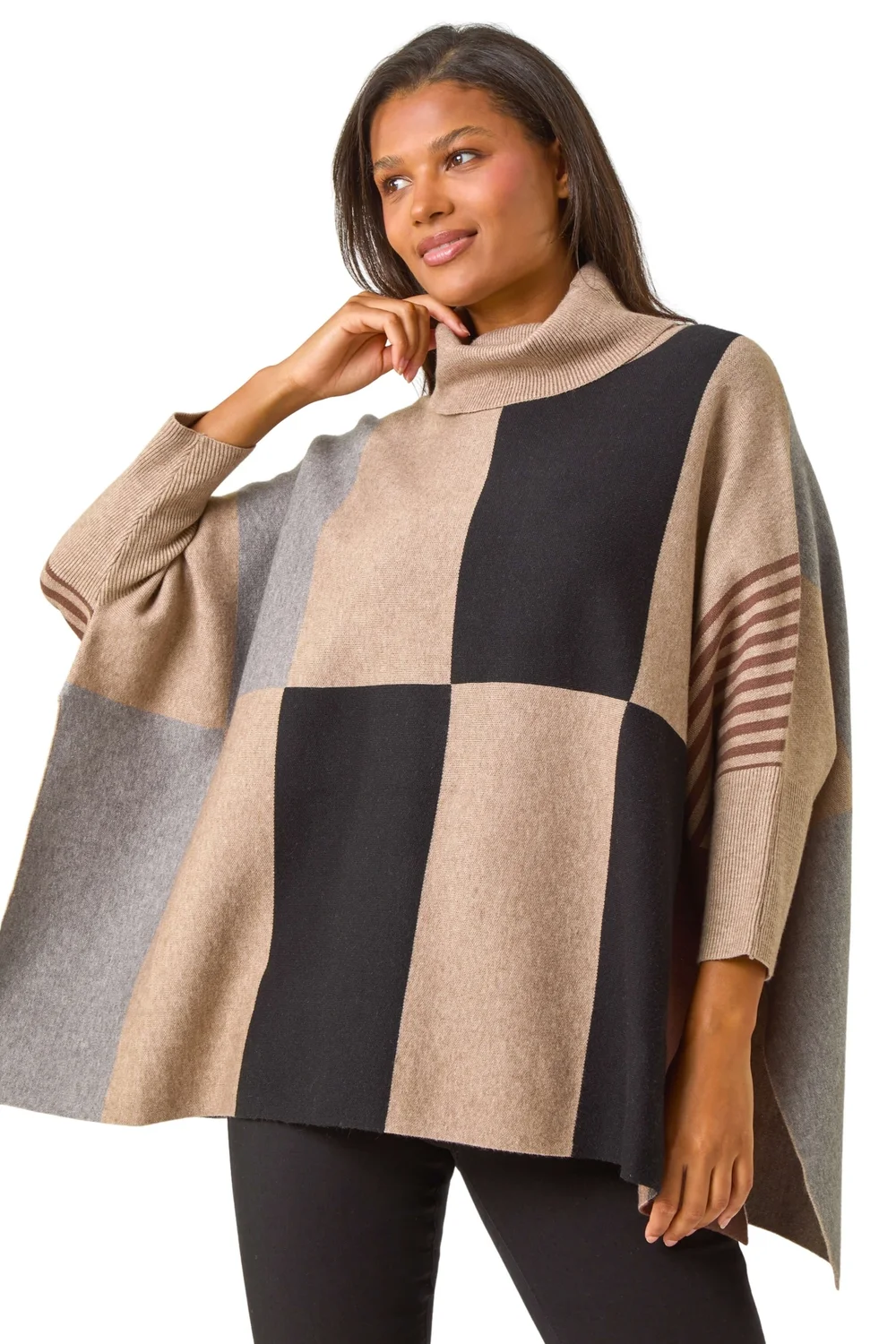 Roman Camel Check Colour Block Knit Poncho - One Size Image 1