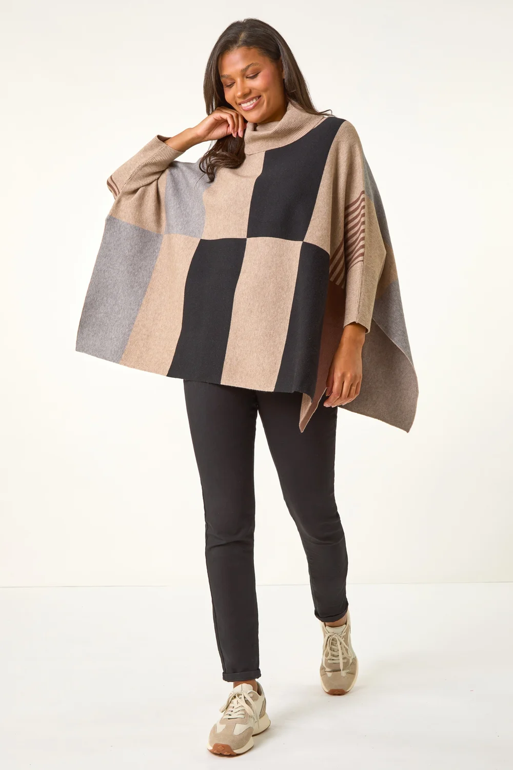 Roman Camel Check Colour Block Knit Poncho - One Size Image 3