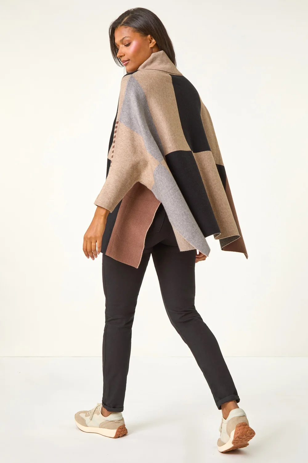 Roman Camel Check Colour Block Knit Poncho - One Size Image 2