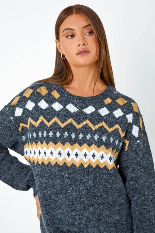 Roman Dark Grey Nordic Print Knitted Jumper Dress - 14 Image 4