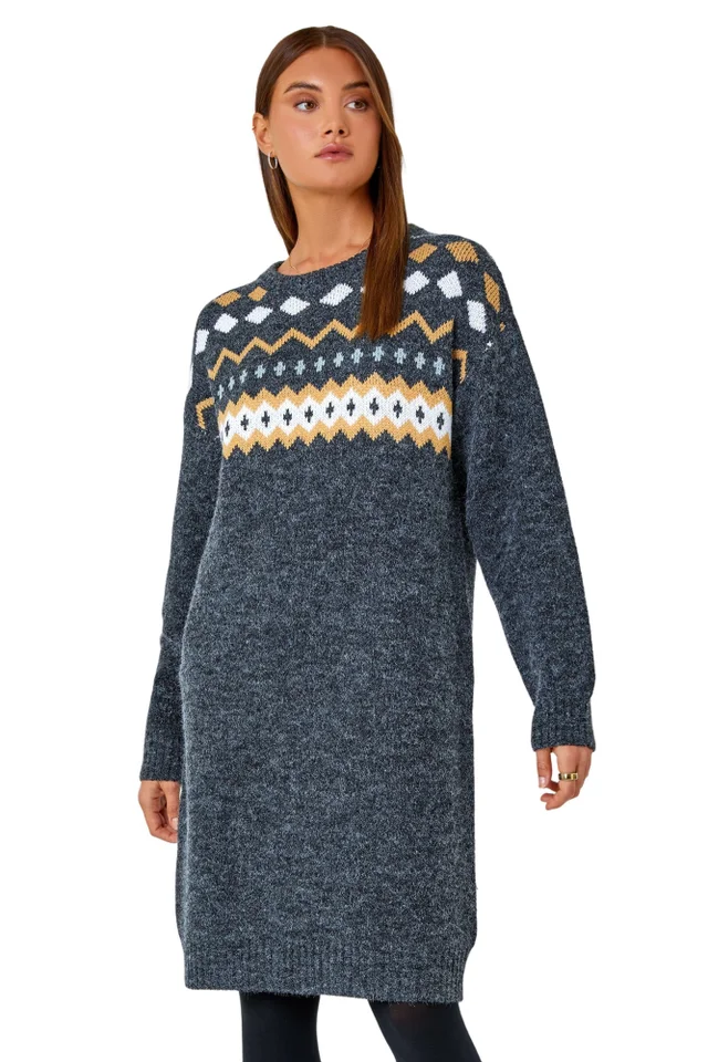 Roman Dark Grey Nordic Print Knitted Jumper Dress