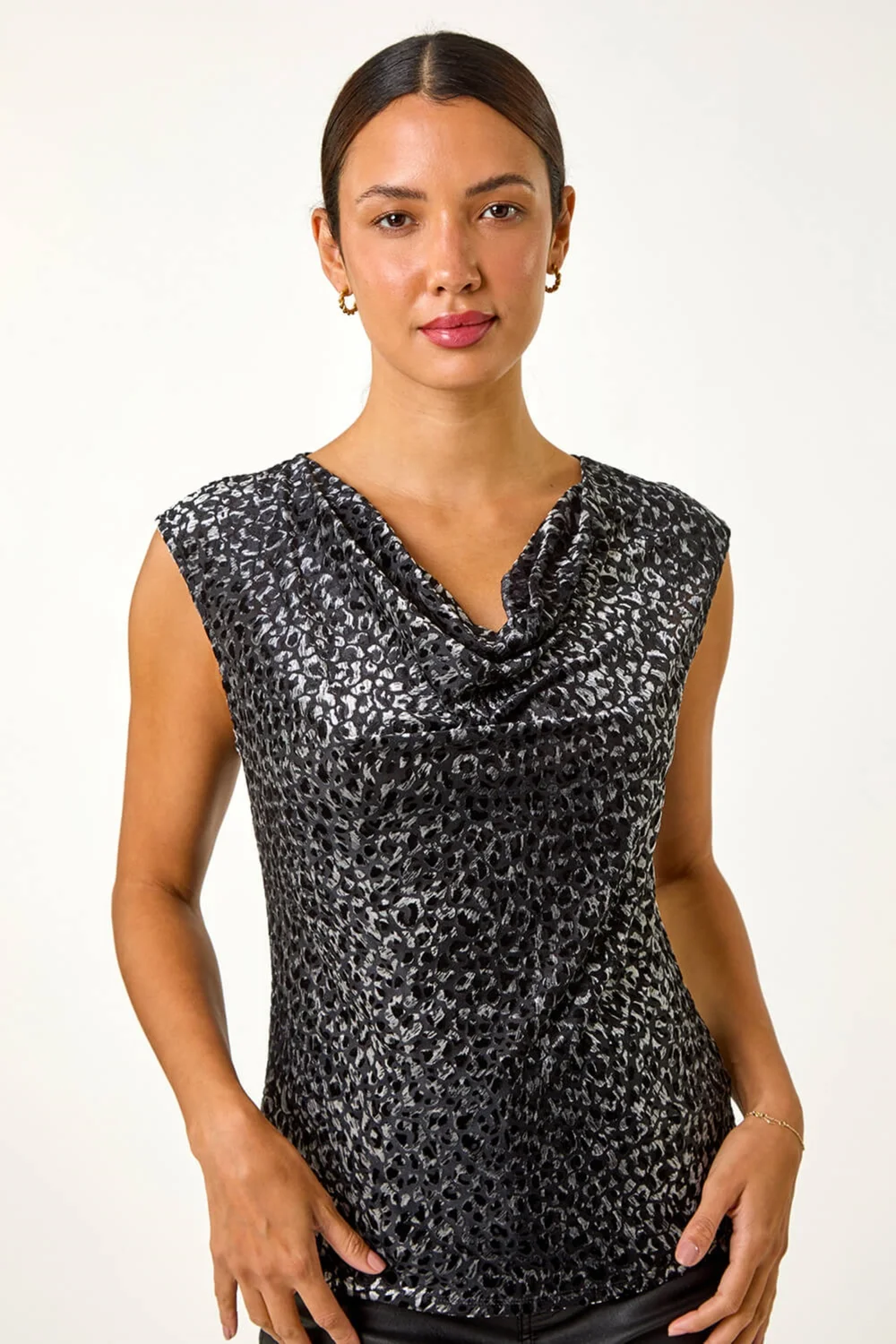 Roman Grey Velvet Burnout Cowl Neck Stretch Top - 10 Image 4