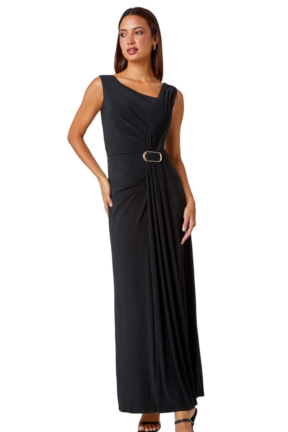 Roman Black Draped Buckle Detail Maxi Dress - Size 16 Image 1