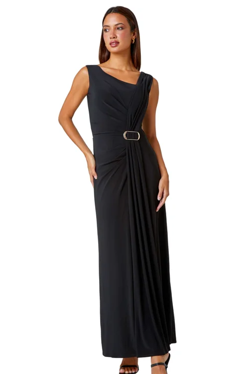 Roman Black Draped Buckle Detail Maxi Dress - Size 16 Image 1