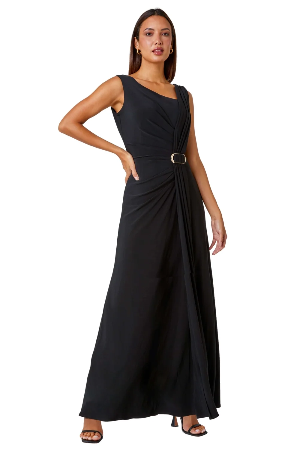Roman Black Draped Buckle Detail Maxi Dress - Size 16 Image 2