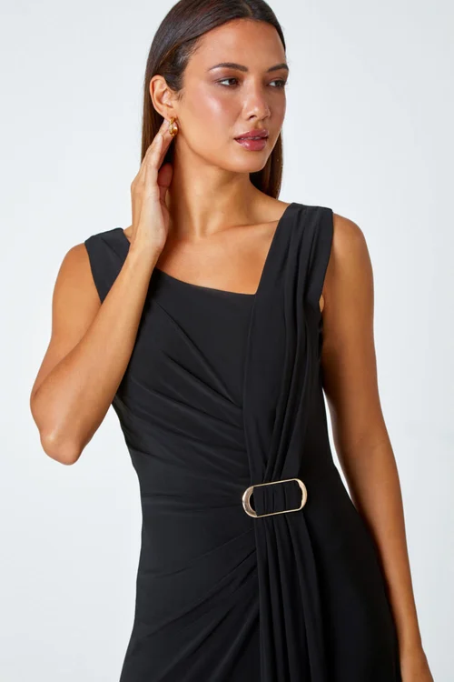 Roman Black Draped Buckle Detail Maxi Dress - Size 16 Image 4