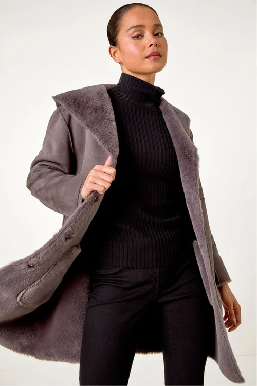 Roman Taupe Petite Faux Sheepskin Reversable Hooded Coat - 18 Image 1