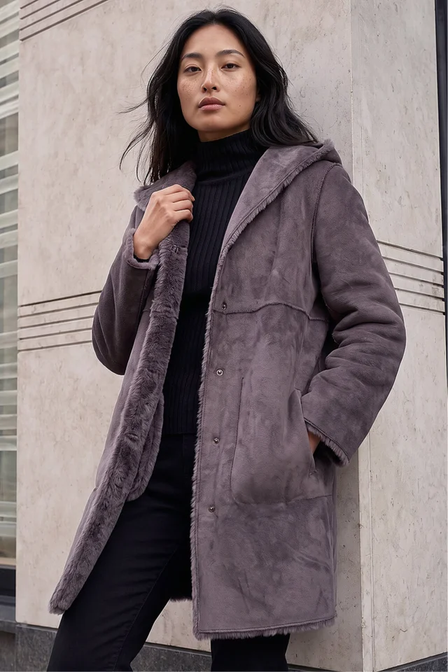 Roman Taupe Petite Faux Sheepskin Reversable Hooded Coat