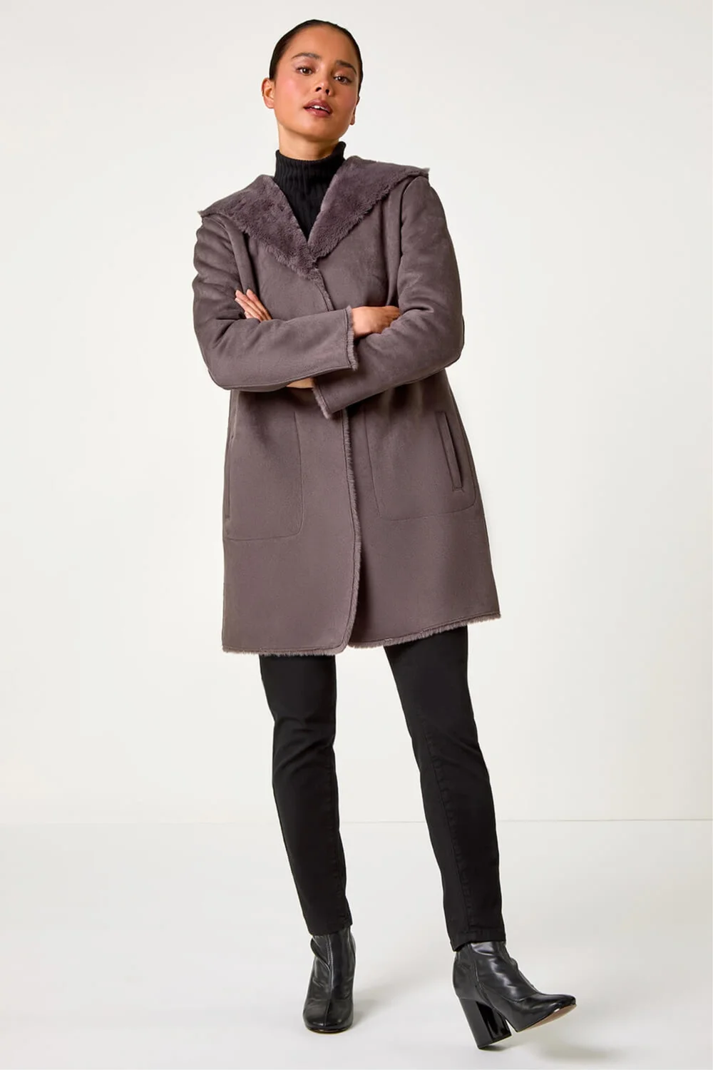 Roman Taupe Petite Faux Sheepskin Reversable Hooded Coat - 18 Image 2