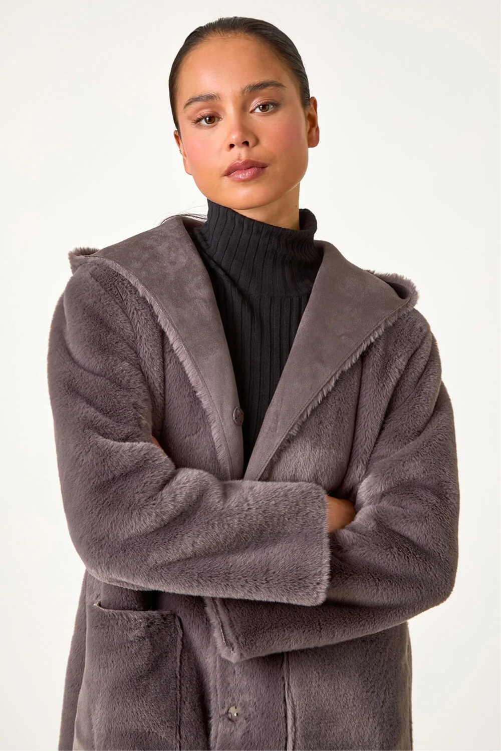 Roman Taupe Petite Faux Sheepskin Reversable Hooded Coat - 18 Image 4