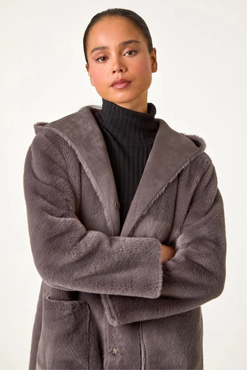 Roman Taupe Petite Faux Sheepskin Reversable Hooded Coat - 18 Image 4