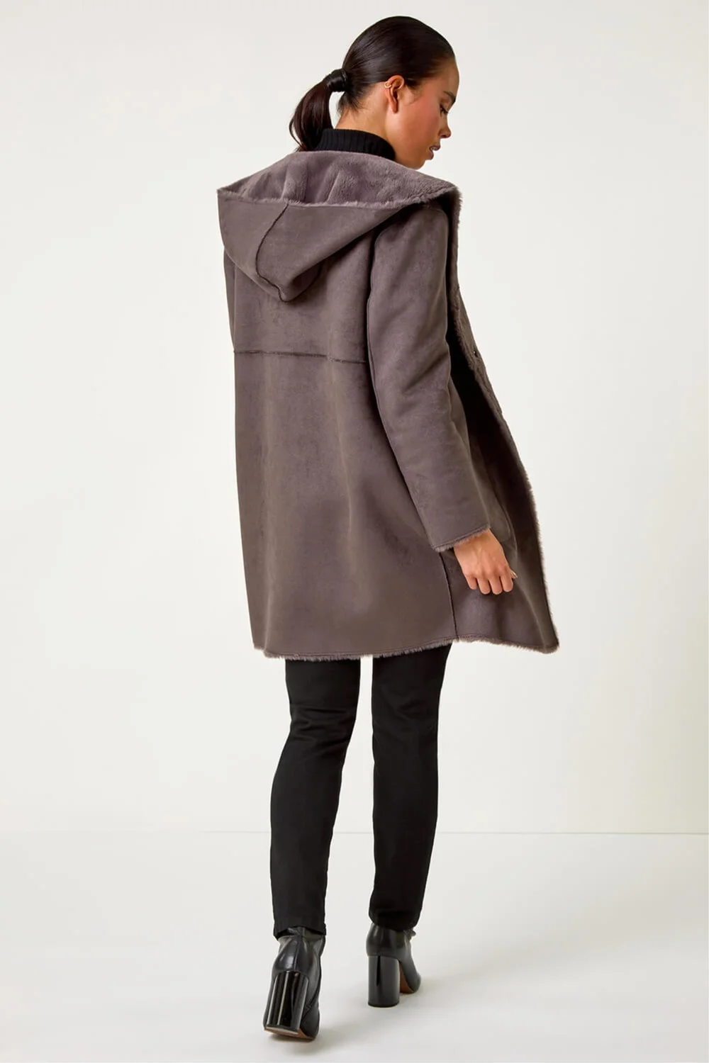 Roman Taupe Petite Faux Sheepskin Reversable Hooded Coat - 18 Image 3