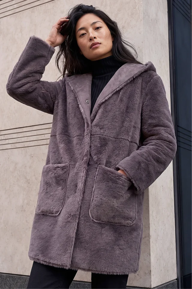 Roman Taupe Petite Faux Sheepskin Reversable Hooded Coat