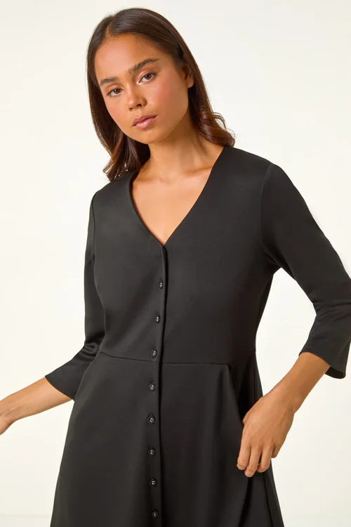Roman Black Petite V-Neck Button Detail Stretch Dress - 8 Image 4