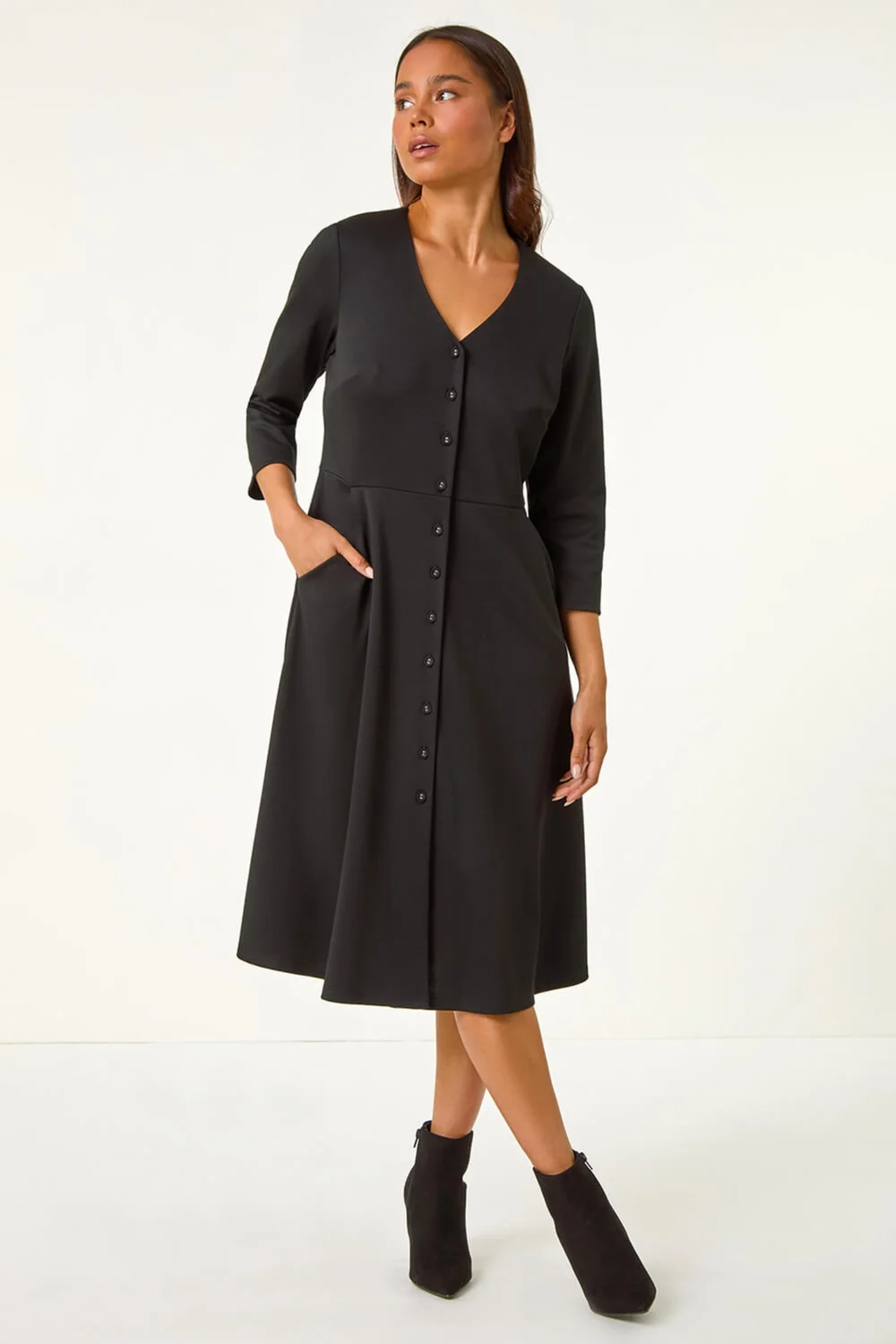Roman Black Petite V-Neck Button Detail Stretch Dress - 8 Image 2