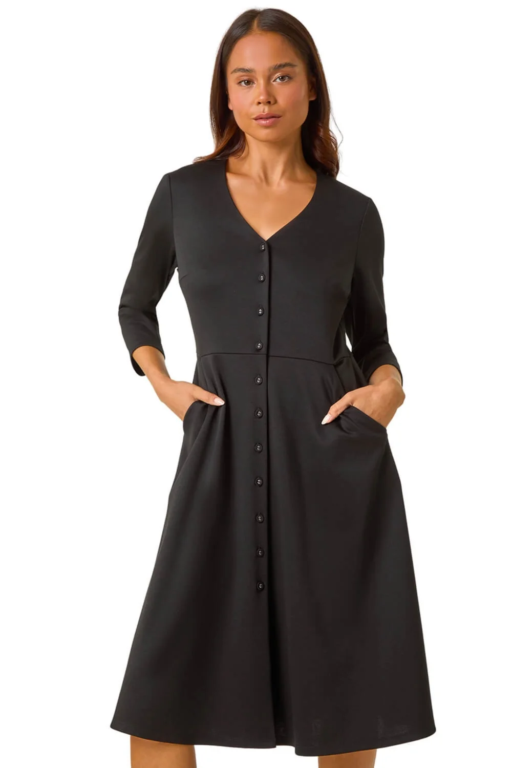 Roman Black Petite V-Neck Button Detail Stretch Dress - 8 Image 1