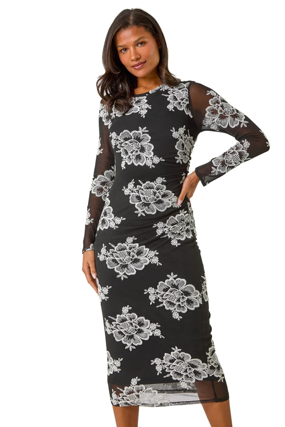 Roman Black Floral Lace Mesh Stretch Midi Dress - 10 Image 1