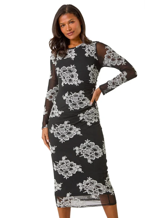 Roman Black Floral Lace Mesh Stretch Midi Dress - 10 Image 1