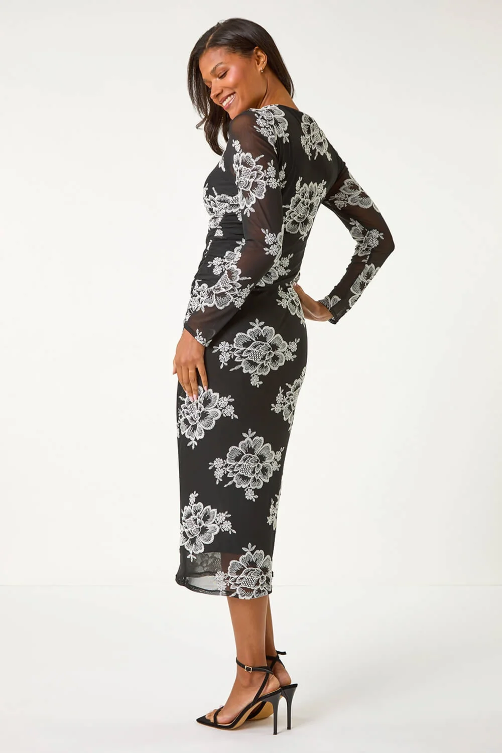 Roman Black Floral Lace Mesh Stretch Midi Dress - 10 Image 4