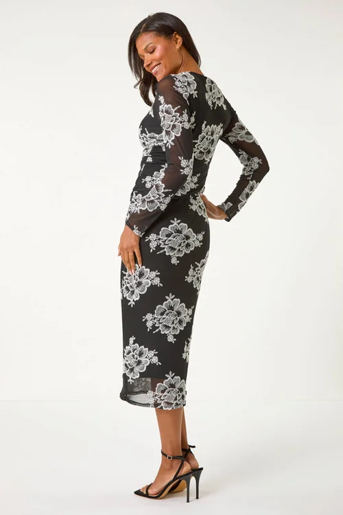 Roman Black Floral Lace Mesh Stretch Midi Dress - 10 Image 4