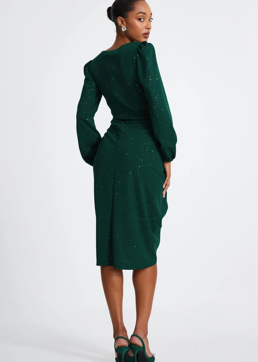 green glitter midi dress Green Sequin Ruched Side Split Leg Midi Dress AX Paris