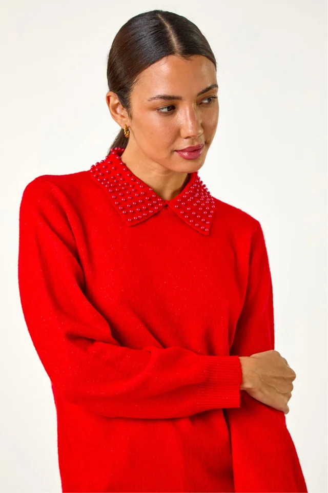 Roman Red Faux Pearl Collar Jumper