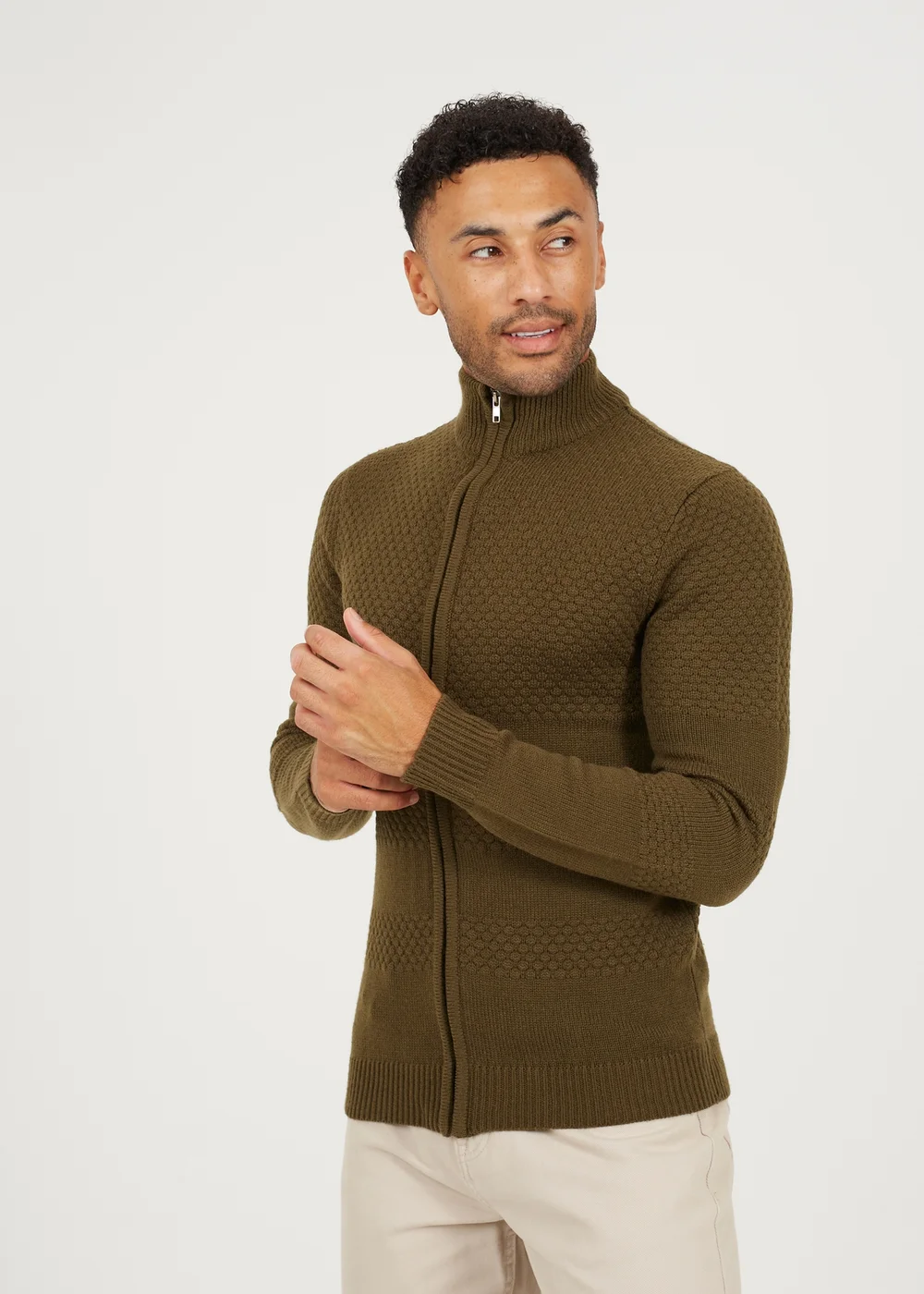 Brave Soul Khaki Zip Through Funnel Neck Knit Cardigan - L Image 1