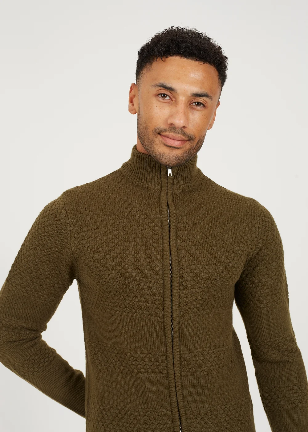 Brave Soul Khaki Zip Through Funnel Neck Knit Cardigan - L Image 3