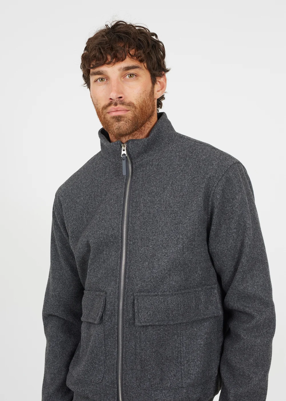Brave Soul Grey Faux Wool Funnel Neck Bomber Style Jacket - M Image 3