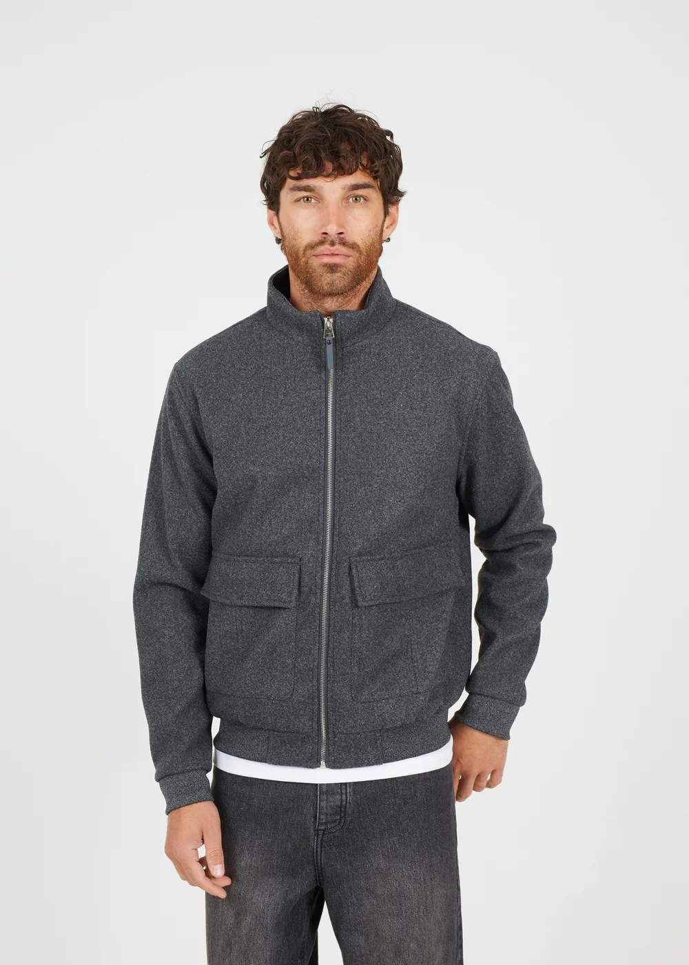 Brave Soul Grey Faux Wool Funnel Neck Bomber Style Jacket - M Image 1